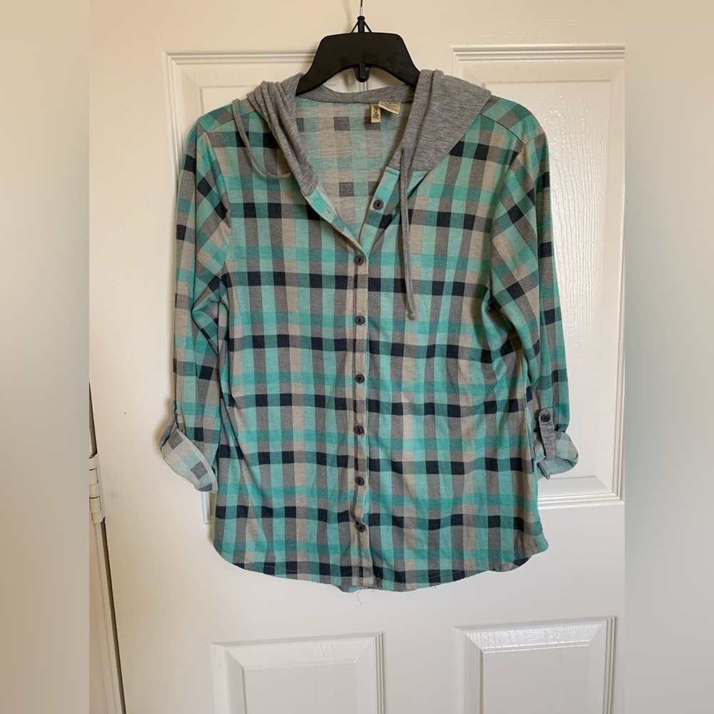 Women’s teal hooded flannel shirt